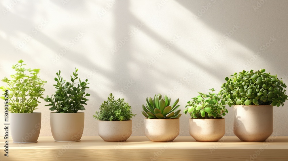 Fototapeta premium Fresh herbs like basil, rosemary, and thyme in pots on a kitchen counter with natural light