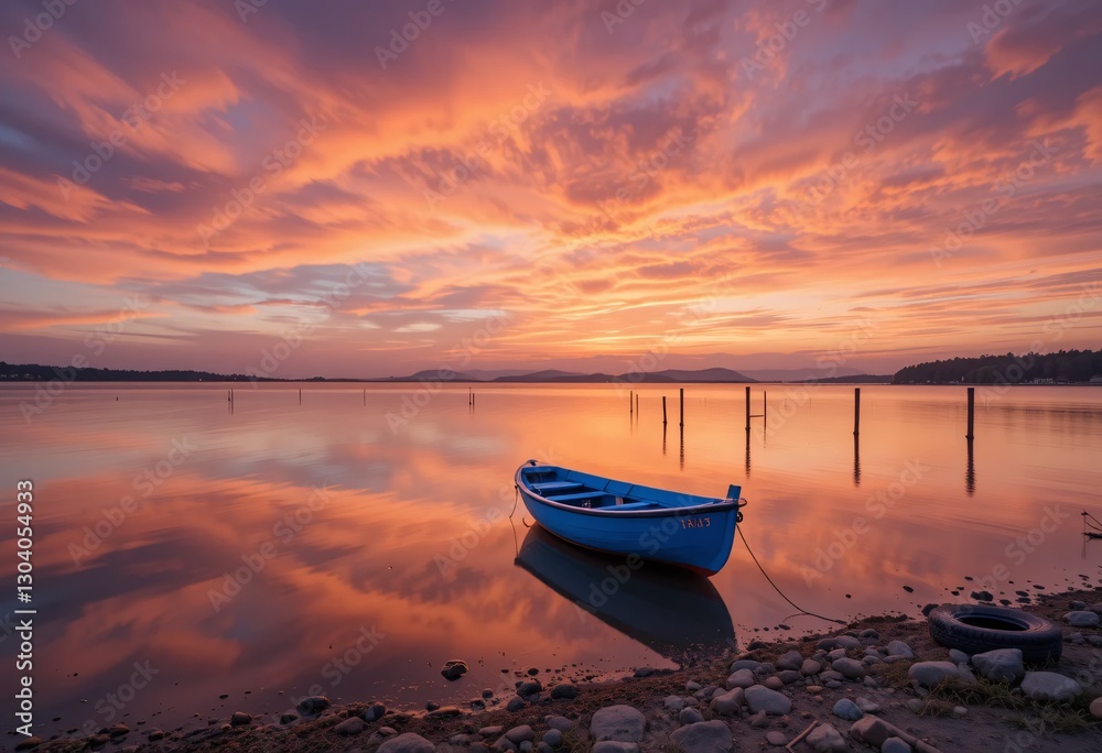 Fototapeta premium Serene Sunset Lake View. Golden Hour Light Bathes A Quiet Lake. A Blue Rowboat Resting Near The Shore. Hills In The Background. Peace And Relaxation Await.
