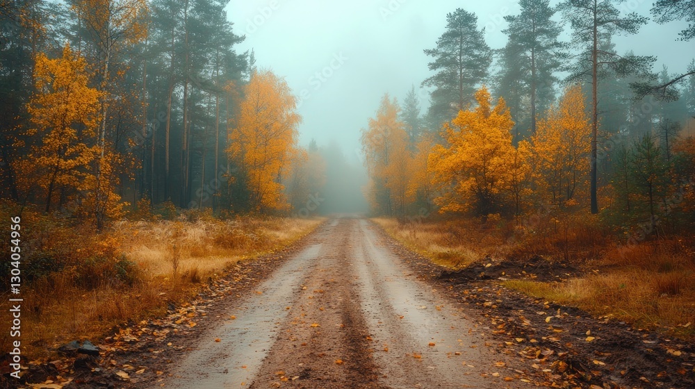 Obraz premium Autumn Foggy Forest Road. Peaceful nature scene. Possible use Stock photo for travel or nature brochures