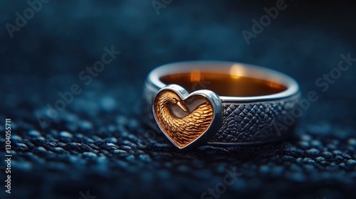 Close-up heart-shaped ring on dark fabric