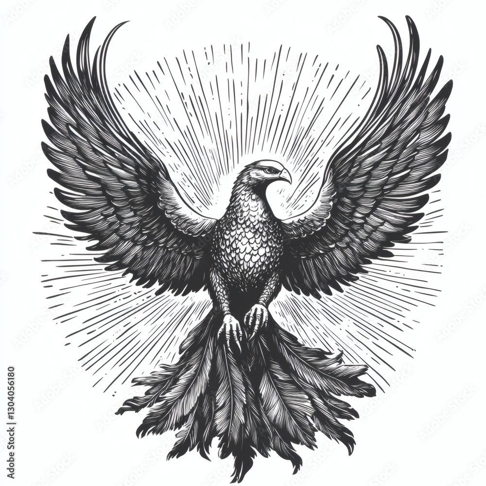 Fototapeta premium A phoenix with outstretched wings, rising from the ashes in flight in engraving style