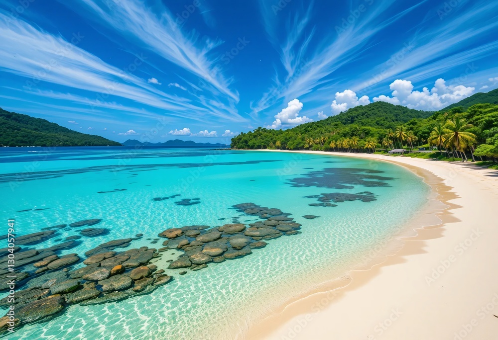 Fototapeta premium Tropical Beach Paradise. Turquoise Waters Meet A Sandy Shoreline Under A Vibrant Blue Sky. Lush Green Hillside Backdrop. Inviting Light. Perfect For Serene Escapes. Vacation Destination.