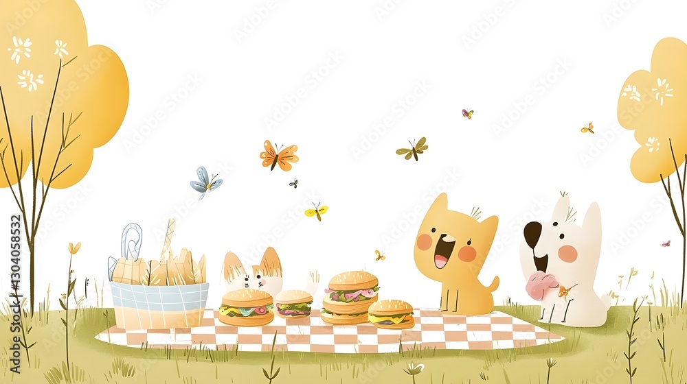 Fototapeta premium A charming and playful cartoon sketch depicting a family enjoying a picnic in a lush park setting complete with a checkered blanket delicious sandwiches