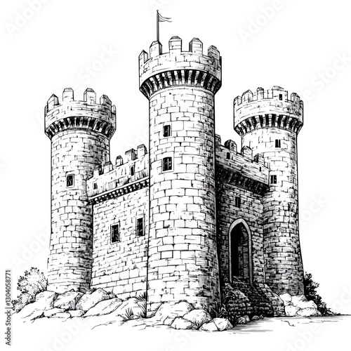 Hand drawn engraving style castle