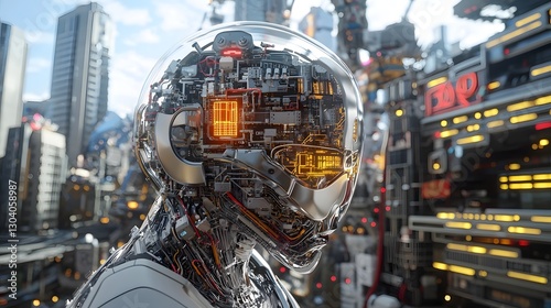 A cybernetic humanoid with a liquid metal faceplate and exposed glowing circuits stands amidst an ultra detailed futuristic cityscape  This high tech