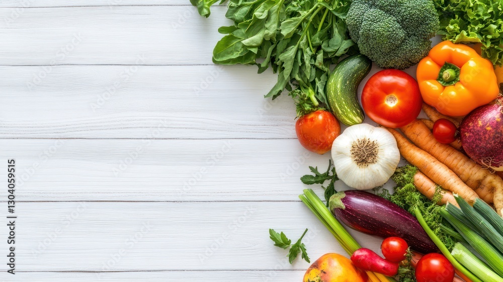 Fresh vegetables on white wood, healthy eating Fresh vegetables on white wood, healthy eating