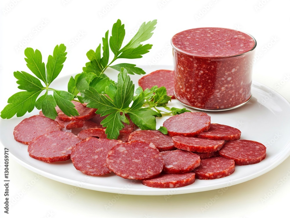 A plate of sliced salami next to a jar of parsley A plate of sliced salami next to a jar of parsley