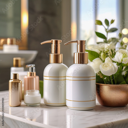 A set of premium skincare products arranged in an aesthetically pleasing manner; bright and even lighting to create a clean, polished look