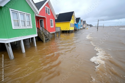 A row of abandoned beach houses sinking into the water as waves crash against them