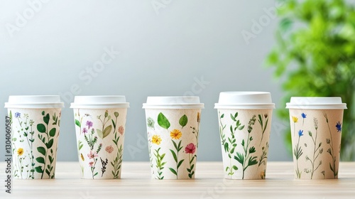 Obraz na płótnie A collection of stylish disposable cups with floral and botanical designs, displayed on a wooden table against a softly blurred background of greenery, perfect for eco-friendly cafes or events. w salonie