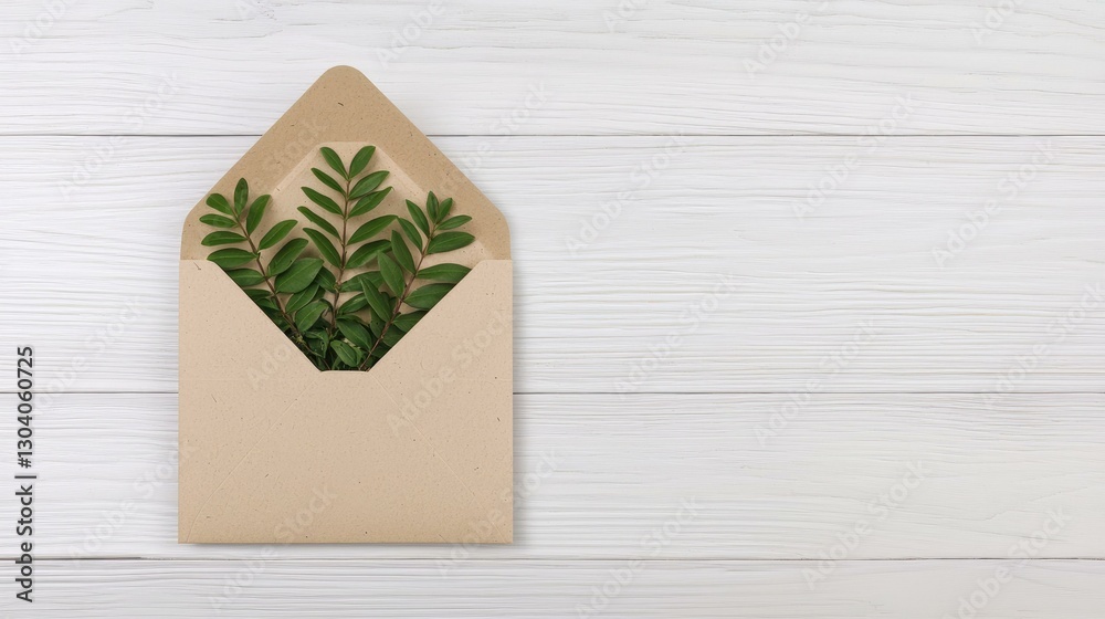 An envelope with a unique shape reveals fresh green foliage, symbolizing nature and creativity, resting on a light wooden background, perfect for eco-friendly designs or stationery themes.