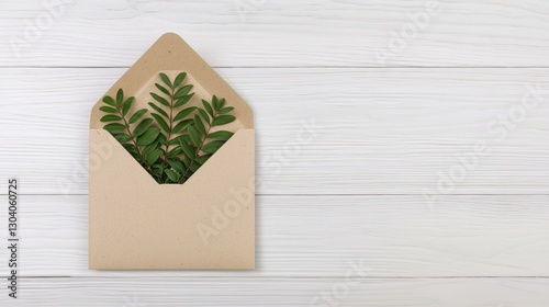 Obraz na płótnie An envelope with a unique shape reveals fresh green foliage, symbolizing nature and creativity, resting on a light wooden background, perfect for eco-friendly designs or stationery themes. w salonie