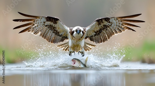 A powerful and majestic osprey diving headfirst into a river with its wings fully spread and talons outstretched in the midst of catching a fish from the water