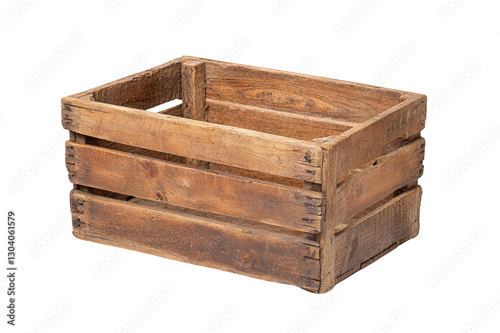 A rustic wooden crate with a rectangular shape, featuring slatted sides and a weathered appearance, Transparent background.