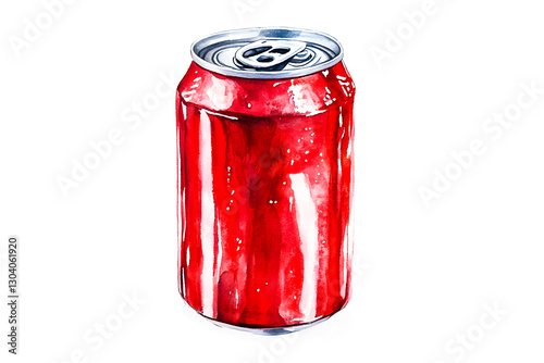 Watercolor painting of aluminum red soda can isolated on cut out PNG or transparent background. Mockup for artwork graphic design High resolution photo. Realistic bottle drink clipart template pattern