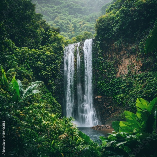 Waterfall in Lush Tropical Rainforest