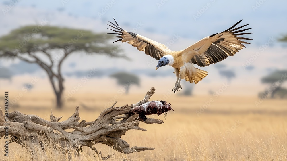 Naklejka premium A vulture with its wings outstretched soaring and descending onto a carcass lying in the middle of a dry arid savanna landscape with tall grass and scattered trees on the horizon