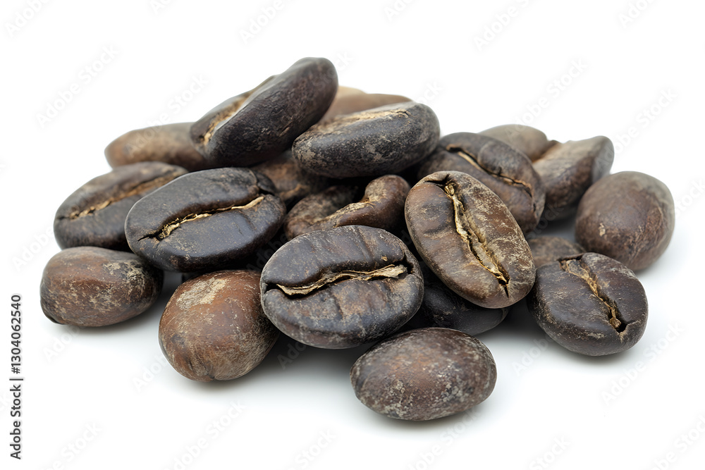 Taken with macro lens pile roasted Arabica coffee beans dark brown on white background with light and shadow. Black surface, highlighting rich textures colors. Drink made from seeds contains caffeine. Taken with macro lens pile roasted Arabica coffee beans dark brown on white background with light and shadow. Black surface, highlighting rich textures colors. Drink made from seeds contains caffeine.