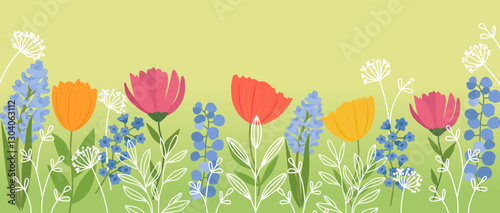 Horizontal banner or background with beautiful spring flowers. Spring botanical flat vector illustration for wallpaper, banner, flyer, invitation, poster