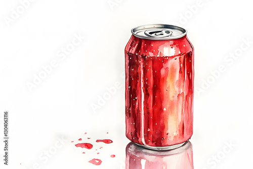 Watercolor painting of aluminum red soda can on white background. High resolution photo Realistic bottle drink clipart template pattern. Mockup for artwork graphic design. Copy space.	