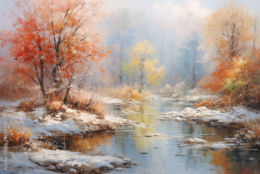 Autumn landscape with first frost on bright leaves generative ai Autumn landscape with first frost on bright leaves generative ai