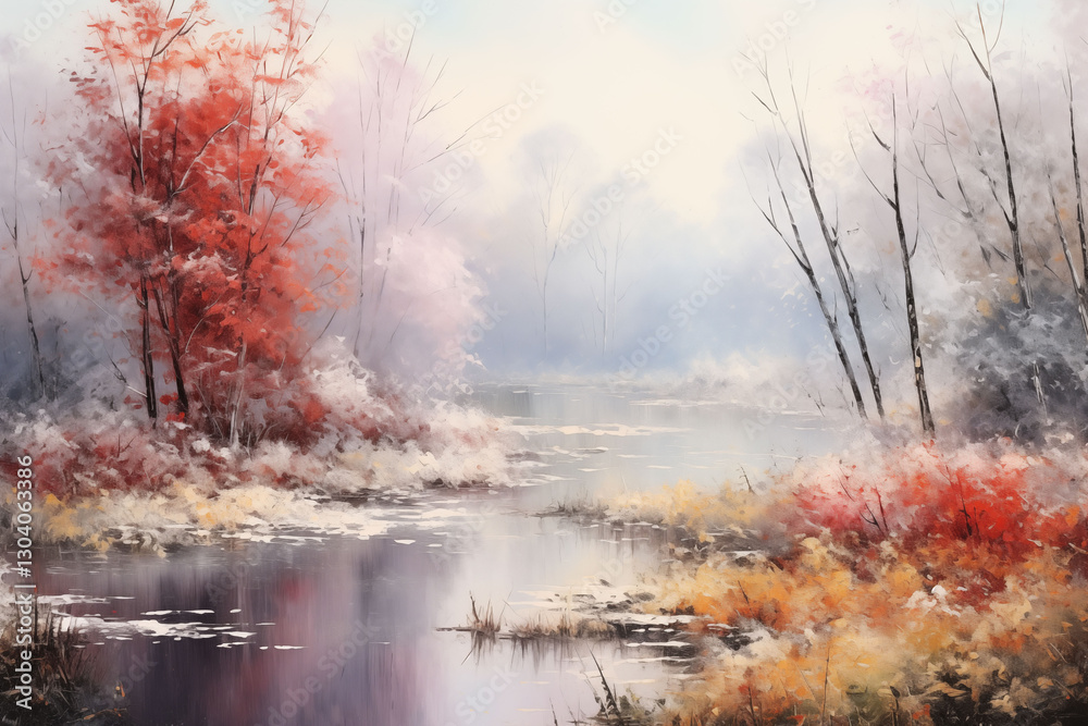 Autumn landscape with first frost on bright leaves generative ai Autumn landscape with first frost on bright leaves generative ai