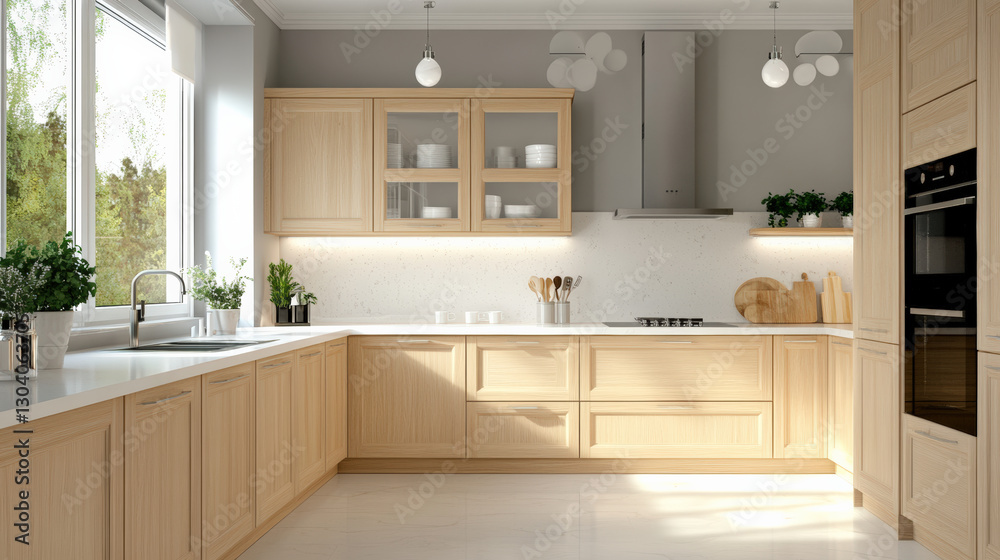 High end Scandinavian style kitchen with light oak cabinets, modern appliances, and natural light. design features minimalist aesthetic, creating warm and inviting atmosphere High end Scandinavian style kitchen with light oak cabinets, modern appliances, and natural light. design features minimalist aesthetic, creating warm and inviting atmosphere