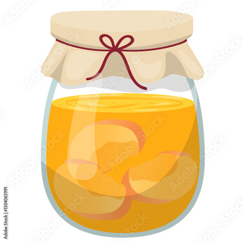 Delicious homemade peach jam, marmalade, in a glass jar with a lid decorated with a napkin and tied with a string. Vector illustration for a poster, cookbook, labels or tags