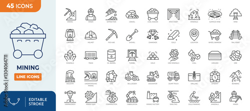 Mining line editable icon set. Containing minerals, gold, pickaxe, miner, excavator, diamond, coal wagon,  gold panning, and more. Vector illustration