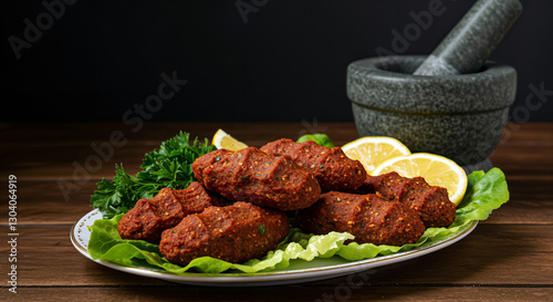 Turkish Cig Kofte - Raw meatballs in a plate with lemon, lettuce and parsley photo