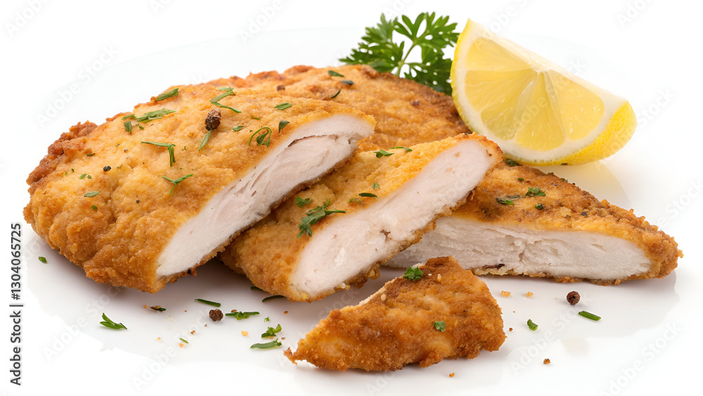 Golden, crispy sliced chicken schnitzel with tender, juicy meat inside, perfectly fried and isolated on a white background. Golden, crispy sliced chicken schnitzel with tender, juicy meat inside, perfectly fried and isolated on a white background.