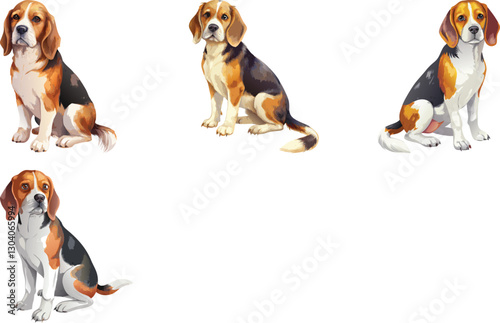  Beagle dog sitting watercolor painting vector art set design 
