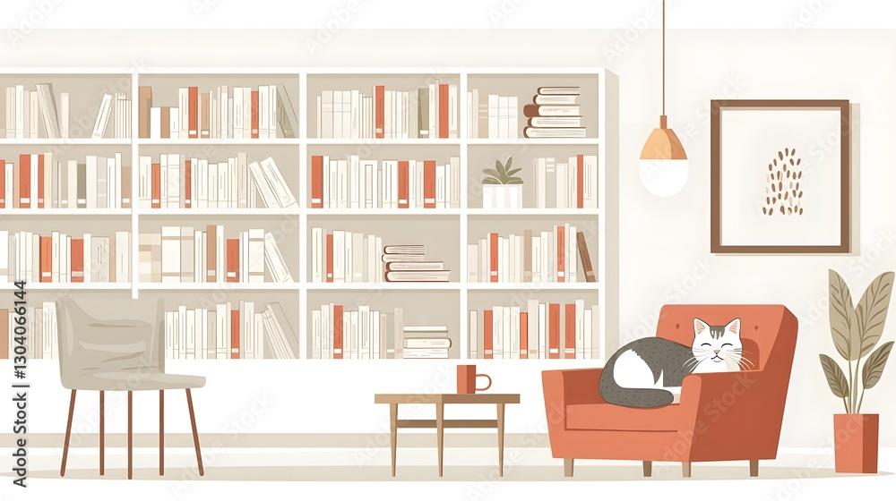 Fototapeta premium Cozy and Inviting Vintage Inspired Home Library Scene with Bookshelves Armchair and Curled Up Cat Enjoying the Warm Lighting and Atmosphere