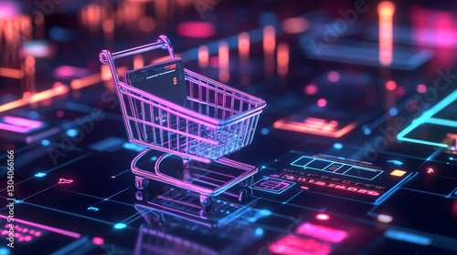 3D concept of e-commerce featuring a shopping cart, credit card, and digital transaction icons. Singles' Day. Black Friday. Cyber Monday