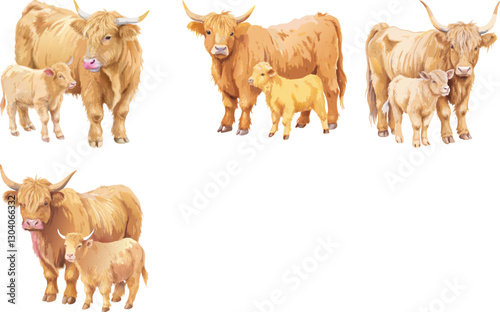  Highland cow Watercolor painting vector art set design 
