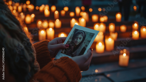 A mother’s hands cradling a photo of her disappeared child, candles flickering at a government building’s steps.