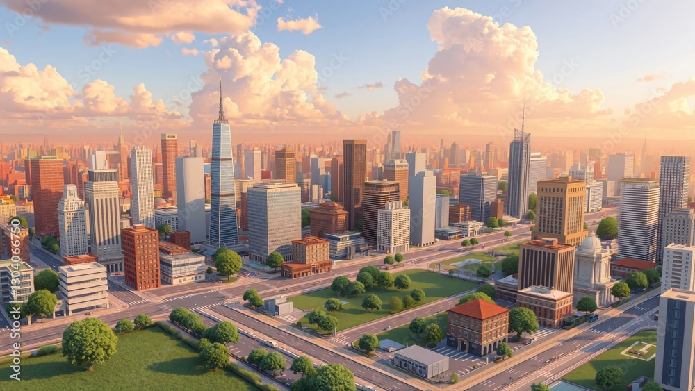 Obraz premium Idyllic Sunset Over a Modern Metropolis Panoramic Cityscape View