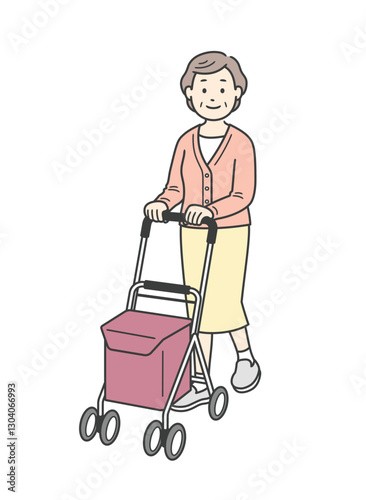 シルバーカーを押して歩く高齢女性の人物イラスト
