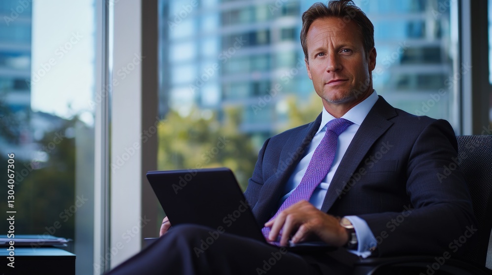 Confident businessman working on laptop in modern office Confident businessman working on laptop in modern office