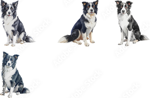 Border Collie Dog watercolor black and white  design vector art set 