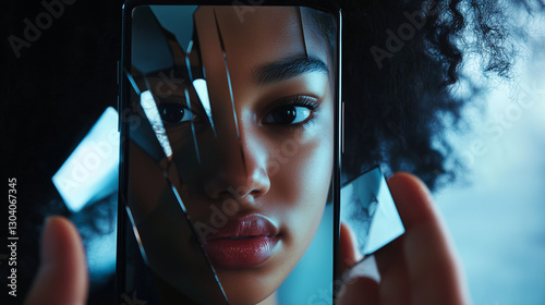 A teen’s phone bombarded with body-shaming comments, their reflection fractured in a black mirror.