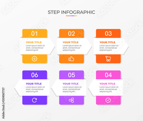 Infographic template. 6 Step timeline journey, Flat simple infographics design template. Presentation graph. Business concept with icon 6 options or steps. Background vector illustration.