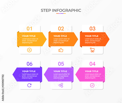 Infographic template. 6 Step timeline journey, Flat simple infographics design template. Presentation graph. Business concept with icon 6 options or steps. Background vector illustration.