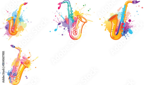 Vintage saxophone musical instrument watercolor vector art set design