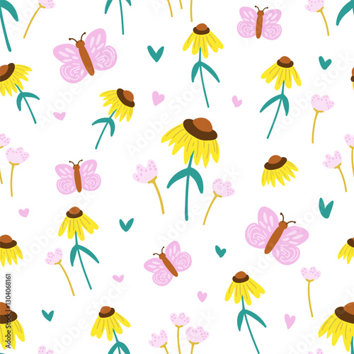 Simple summer seamless pattern. Small sunflowers, delicate pink flowers, butterflies on a white background. For prints of children's clothing and goods.