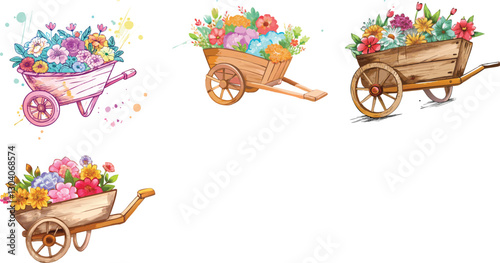 Vintage wooden wheelbarrow with flowers watercolor vector art set 