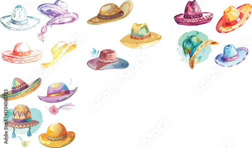Vintage world hats sombrero beret watercolor design set 
