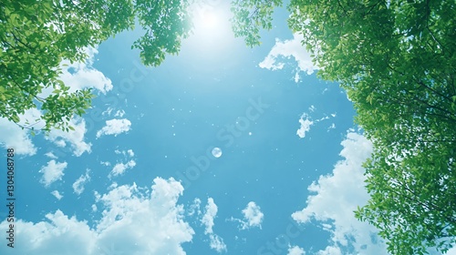 Wallpaper Mural Bright Sunny Day, Blue Sky with Fluffy Clouds Viewed from Underneath Lush Green Tree Canopy Torontodigital.ca