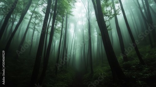 forest view inside a dark fog. mystical forest