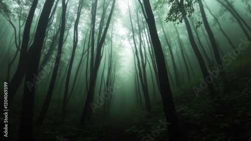 forest view inside a dark fog. mystical forest